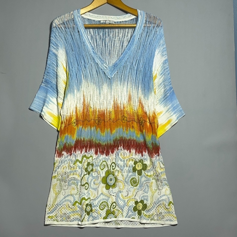 Alberto Makali V Neck Tunic Womens Size Large Rayon Knit‎ Blue Boho